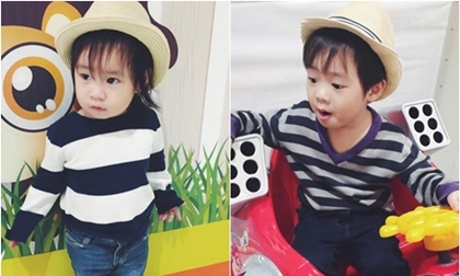 Hai con Lý Hải đáng yêu với thời trang kẻ sọc