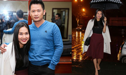 Dương Mỹ Linh đội mưa ủng hộ Bằng Kiều sau tin đồn mang bầu