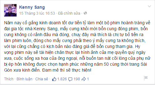 Kenny Sang chuẩn bị tiền tỷ để làm phim về 'đại gia tộc' mình