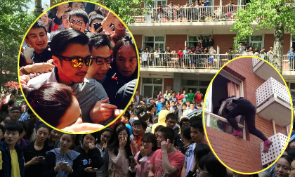 Tạ Đình Phong bị 'rừng' fans vây kín, trèo tường để ngắm trộm
