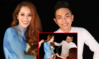 Khánh Thi khoe bụng bầu tròn xoe khi vẽ body painting