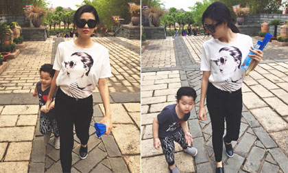 Trương Quỳnh Anh ăn mặc giản dị đưa con trai đi chơi