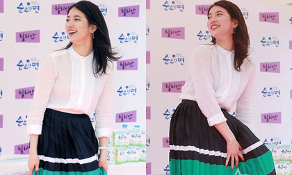 Suzy liên tục giữ váy vì sợ hớ hênh