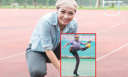 Phương Thanh trổ tài đá cầu bằng giày cao gót