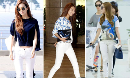 Sao Hàn mê mốt quần skinny trắng trẻ trung
