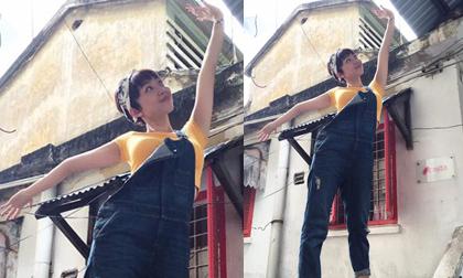 Tóc Tiên như trống choai vắt vẻo đỉnh tường tạo dáng