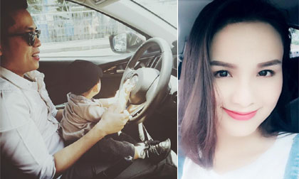 Con trai Diễm Hương sành điệu ngồi 'lái xe' với bố