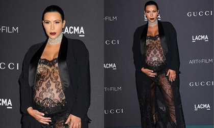 Kim Kardashian 'chửa vượt mặt' vẫn diện đầm ren xuyên thấu táo bạo