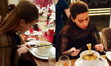 Thích thú với hình ảnh 'cặm cụi' ăn mì tôm của Hồ Ngọc Hà khi dự tiệc