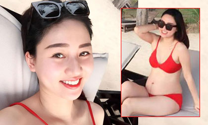 Á hậu Trà My lần đầu lộ rõ bụng bầu tròn xoe trong kỳ nghỉ ở Phú Quốc