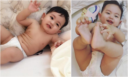 Con trai Khánh Thi đóng bỉm tạo dáng 'bá đạo' trên giường