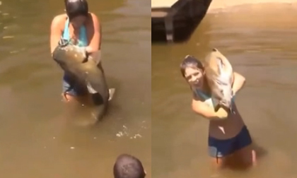 Cô gái dùng tay không làm mồi câu cá trê khổng lồ