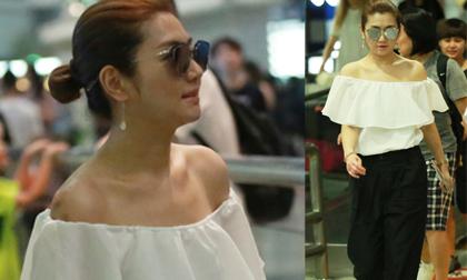 Selina mặc quần nhàu nhĩ ở sân bay