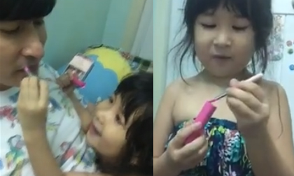 Con gái Huy Khánh siêu đáng yêu, trổ tài makeup... cho bố
