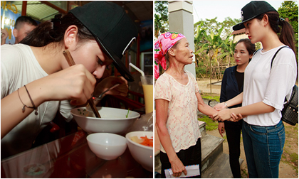 Á hậu Huyền My ăn vội mỳ tôm trên đường đi từ thiện miền Trung