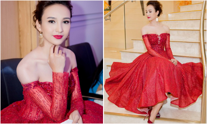 Hoa hậu Ngọc Diễm đỏ rực như đóa hồng trong đêm tiệc