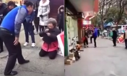 Phẫn nộ cảnh con trai đánh mẹ già đang quỳ giữa đường