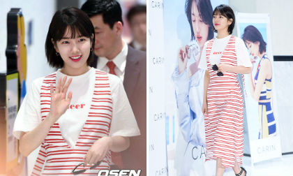 Suzy trẻ như học sinh cấp 3 trong trang phục kẻ nổi bật 