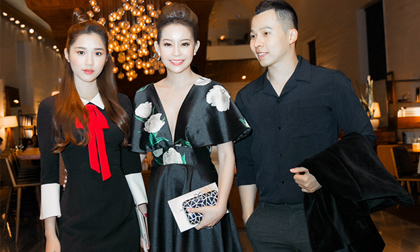 Ông bầu Vũ Khắc Tiệp tháp tùng Lê Hà, Quỳnh Hương đi event