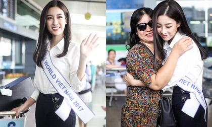 Đỗ Mỹ Linh diện trang phục đơn giản, bịn rịn chia tay mẹ chính thức lên đường thi Miss World