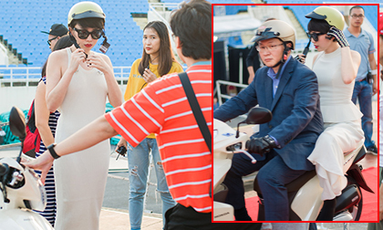 Tóc Tiên ngồi xe máy đến địa điểm tập nhạc tại Hà Nội