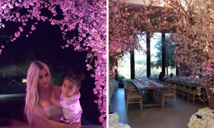Kim Kardashian mở tiệc ngập sắc hoa anh đào mừng con gái sắp chào đời nhờ người mang thai hộ