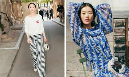 Châu Tấn, Lưu Văn phối đồ với phụ kiện túi xách tròn tại show thời trang của Chanel