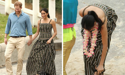 Công nương Meghan Markle mặc đầm maxi hơn 33 triệu, thoải mái cởi giày đi chân trần trên cát 