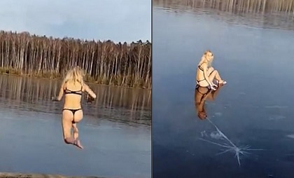 Cô gái mặc bikini nhận cái kết đắng khi lao mình xuống hồ nước để bơi