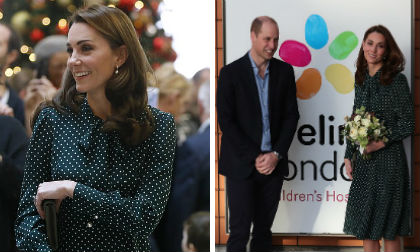 Công nương Kate Middleton chọn đầm xanh chấm bi cực hợp với không khí đón Giáng sinh về