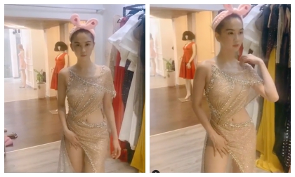 Chỉ có thể là Ngọc Trinh, mặc đầm dạ hội cực sang chảnh nhưng lại đeo băng đô tai thỏ ngộ nghĩnh