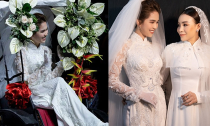 Ngọc Trinh e ấp yêu kiều trong áo dài cưới tinh khôi, ngồi xe kéo trên sàn catwalk