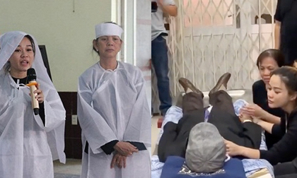Vợ cũ nghệ sĩ Lê Bình quấn khăn tang, túc trực trong đám tang 