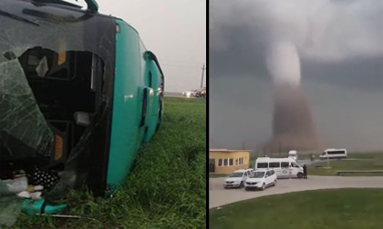 Xe bus bị lốc xoáy khổng lồ hất văng lên không trung, hành khách gào thét trong vô vọng