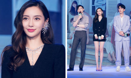 Bị chê là “thảm họa diễn xuất”, Angelababy vẫn tự tin đeo trang sức khủng sánh đôi 2 trai đẹp trong họp báo phim mới