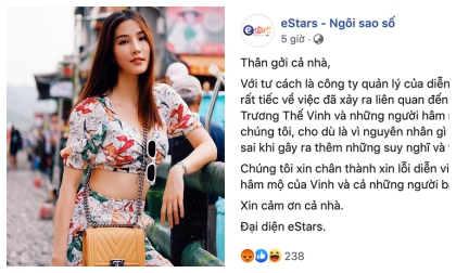 Không chỉ xin lỗi trên trang cá nhân, công ty quản lí của Diễm My 9X công khai xin lỗi Trương Thế Vinh và fan của anh