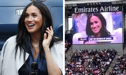 Khoảnh khắc ngượng ngùng của Meghan khi phát hiện mình xuất hiện trên màn hình lớn bị dân mạng nhạo báng 