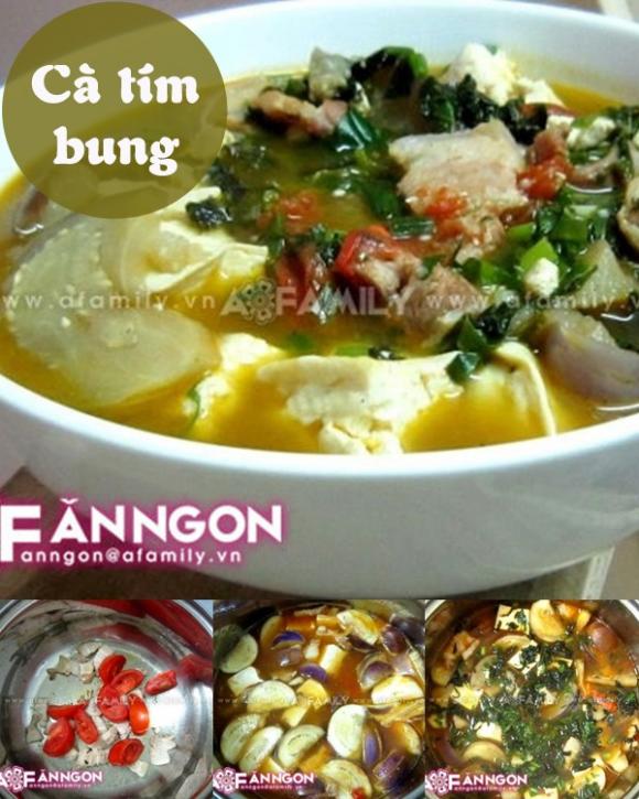 canh cà tím bung,cá cơm kho cay