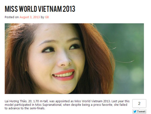 Hoa hậu Thế giới 2013,Lại Hương Thảo,Hoa hậu thể thao Việt Nam 2012