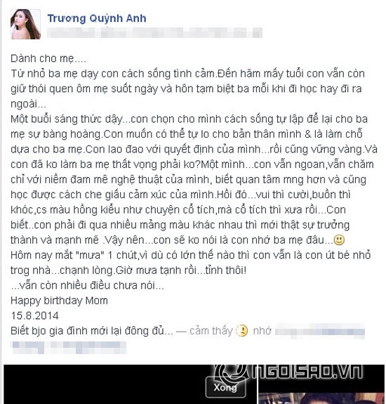 Trương Quỳnh Anh,sinh nhật mẹ Trương Quỳnh Anh,Trương Quỳnh Anh xúc động trong ngày sinh nhật mẹ,mẹ của Trương Quỳnh Anh