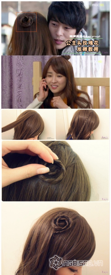 tóc tết xoắn, tóc tết như phim Hàn, tóc xoắn hoa trên mái