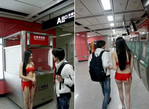 cô gái xinh đẹp,mặc bikini đứng ga tầu điện ngầm,cô gái mặc bikini đỏ
