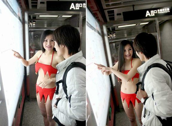 cô gái xinh đẹp,mặc bikini đứng ga tầu điện ngầm,cô gái mặc bikini đỏ