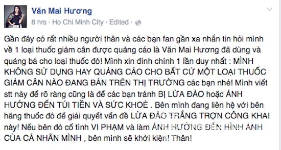 Văn Mai Hương, Văn Mai Hương bị lợi dụng tên tuổi, Văn Mai Hương quảng cáo thuốc giảm cân, Văn Mai Hương kiện vì bị lợi dụng tên tuổi