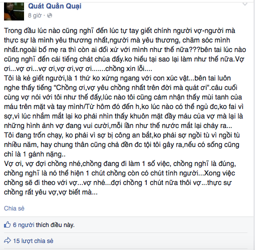 Nghi phạm,nghi phạm sát hại vợ,nghi phạm tự thú trên facebook