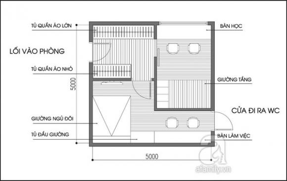 thiết kế nhà đẹp,phòng ngủ 25m2 cho 4 người,thiết kế phòng ngủ tiện ích