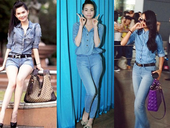 Thời trang sao việt,denim on denim,Ngọc Trinh,Hồ Ngọc Hà,Thanh Hằng