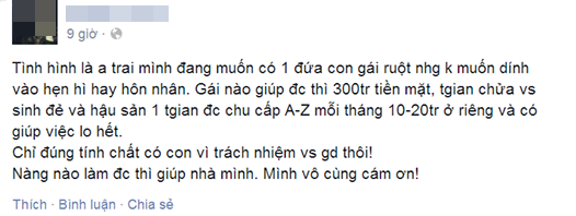 Đẻ thuê,cô gái tìm người đẻ thuê cho anh trai,mang thai hộ,giá 300 triệu