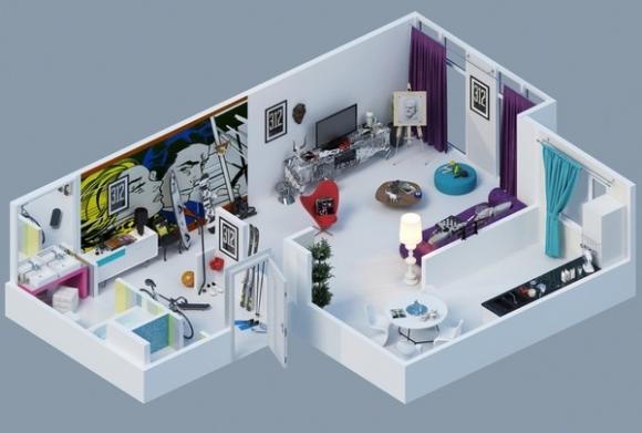 Thiết kế nhà,thiết kế căn hộ 1 phòng chi tiết bằng bản vẽ 3D