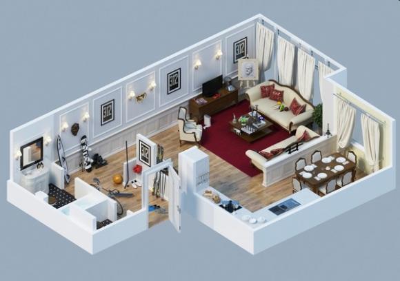 Thiết kế nhà,thiết kế căn hộ 1 phòng chi tiết bằng bản vẽ 3D